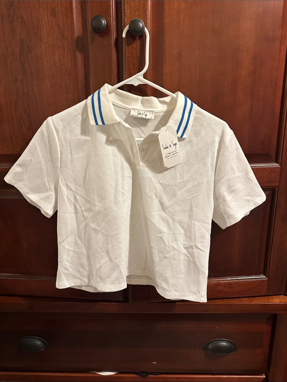 Sadie & Sage White Cropped Polo with Blue Striped Collar